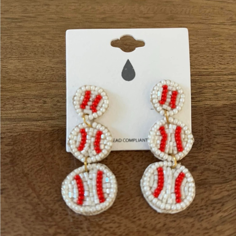 Baseball Beaded Earrings - Red and White